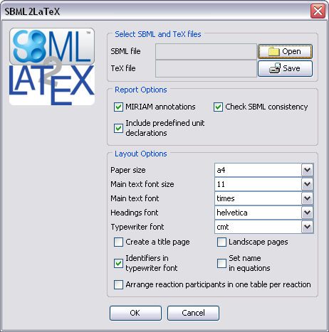 The graphical user interface of the SBML2LaTeX stand-alone version